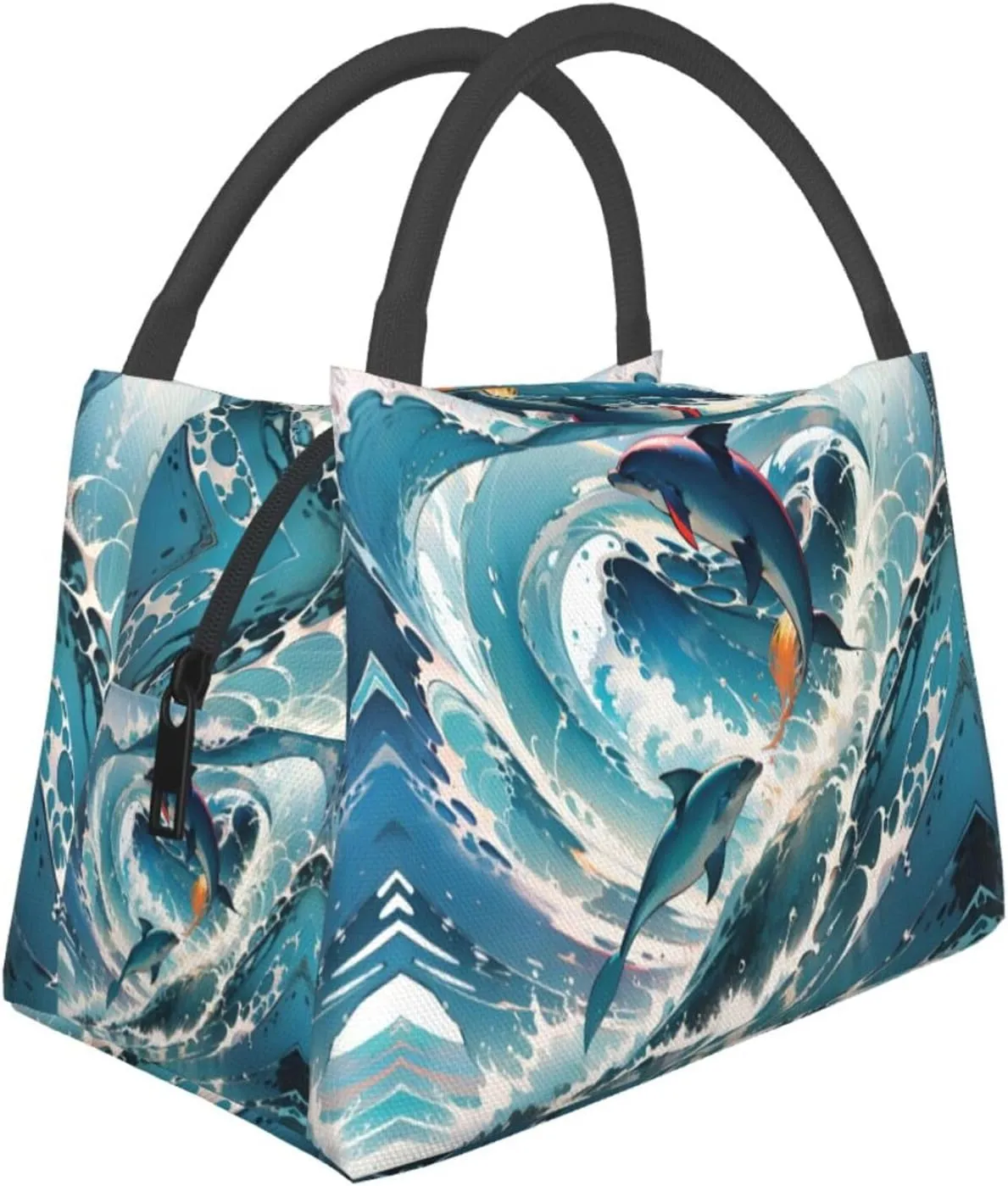 Insulated Lunch Bag for Men Women, Reusable Large Capacity Lunch Box, Leakproof Thermal Meal Cooler Handbags Tote Bag for Office Work Picnic, Dolphins Leap Out Sea