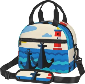 Insulated Lunch Bag for Men Women, Reusable Lunch Box with Adjustable Shoulder Strap, Leakproof Thermal Meal Cooler Bag Handbags for Office Work Picnic, Ocean Anchor Lighthouse
