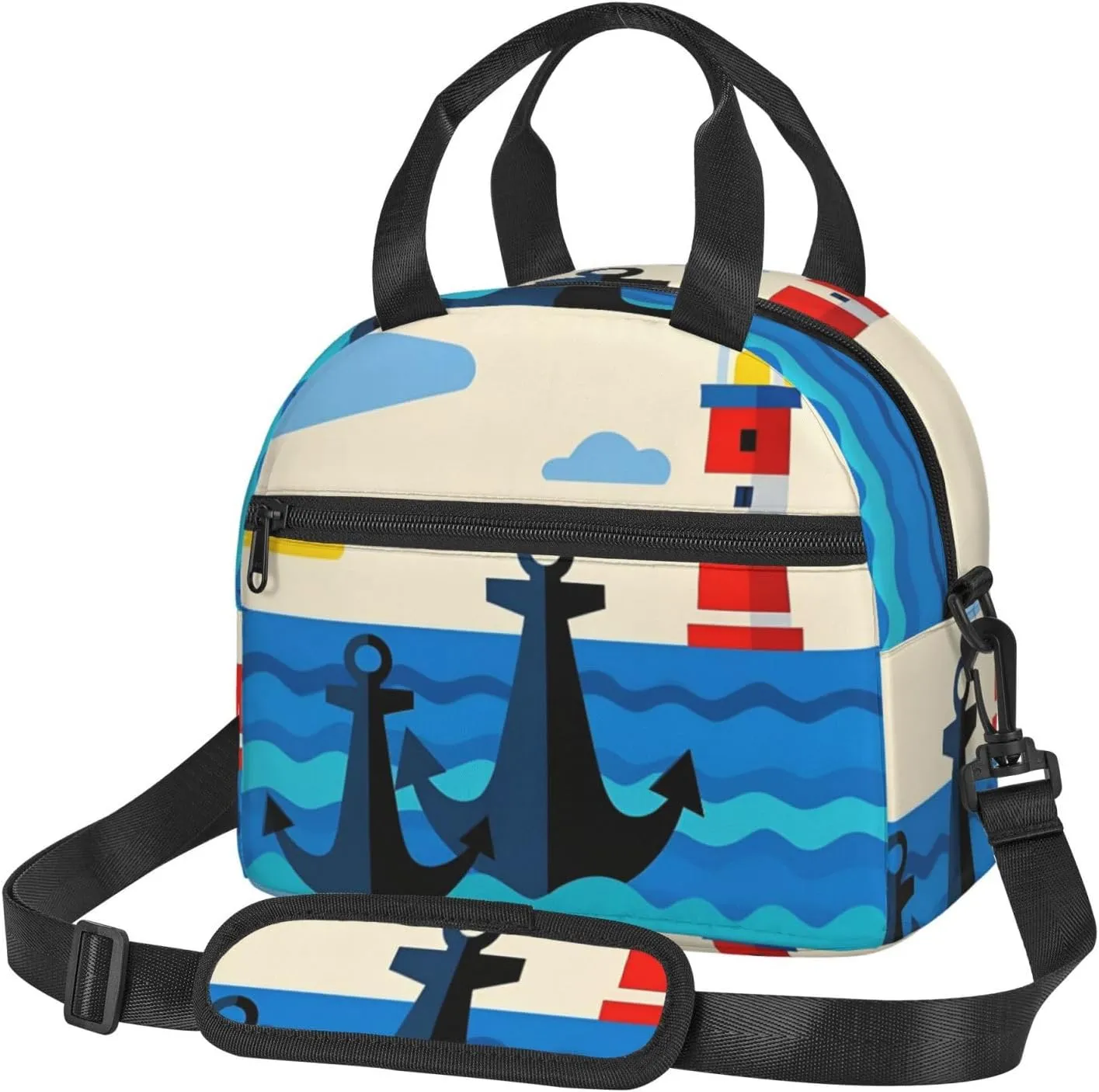 Insulated Lunch Bag for Men Women, Reusable Lunch Box with Adjustable Shoulder Strap, Leakproof Thermal Meal Cooler Bag Handbags for Office Work Picnic, Ocean Anchor Lighthouse