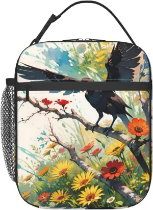 Insulated Lunch Bag for Men Women, Reusable Lunch Box with Handle, Leakproof Thermal Meal Cooler Shopping Grocery Tote Bag Handbags for Office Work Picnic, Crow Sunflowers Branch