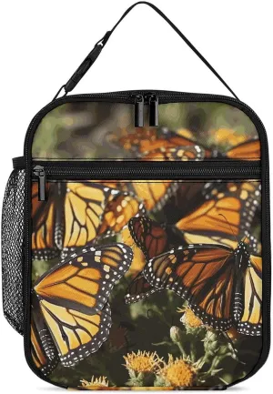 Insulated Lunch Bag for Women Men Portable Small Lunch Bags Monarch Butterflies Reusable Lunch Box with Side Mesh Leakproof Cooler Bags for Work Travel Picnics