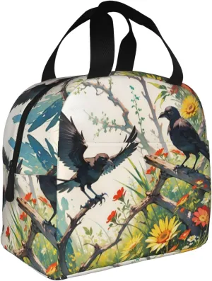 Insulated Lunch Bag for Women Men, Reusable Lunch Box with Handle, Leakproof Thermal Meal Cooler Handbags Tote Bag for Office Work Picnic, Crow Sunflowers Daisy Flowers
