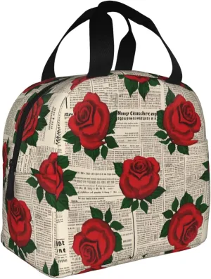 Insulated Lunch Bag for Women Men, Reusable Lunch Box with Handle, Leakproof Thermal Meal Cooler Handbags Tote Bag for Office Work Picnic, Rose Flowers Retro Newspaper