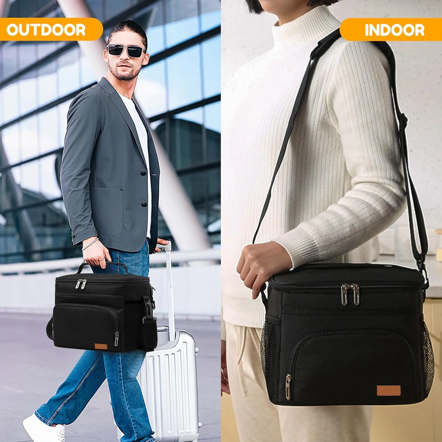 Insulated Lunch Bag for Women/Men, Leakproof Lunch Cooler Bag with Adjustable Shoulder Strap, 4 Pockets, Ideal for Work, Picnic, Travel, School - Medium, Black, 9.4"x 6.6"x 7.8", 8.2L