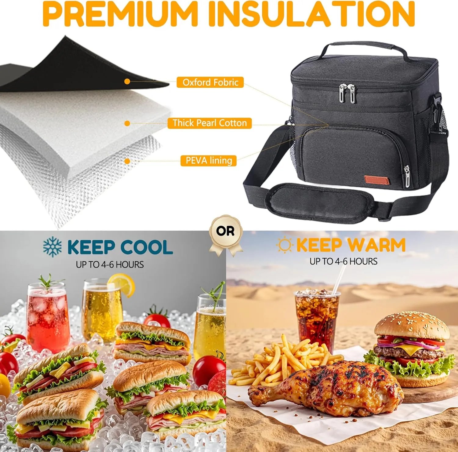Insulated Lunch Bag for Women/Men, Leakproof Lunch Cooler Bag with Adjustable Shoulder Strap, 4 Pockets, Ideal for Work, Picnic, Travel, School - Medium, Black, 9.4"x 6.6"x 7.8", 8.2L