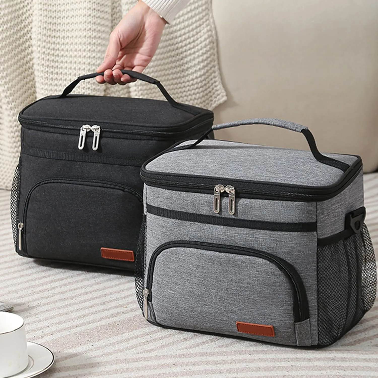Insulated Lunch Bag for Women/Men, Leakproof Lunch Cooler Bag with Adjustable Shoulder Strap, 4 Pockets, Ideal for Work, Picnic, Travel, School - Medium, Black, 9.4"x 6.6"x 7.8", 8.2L