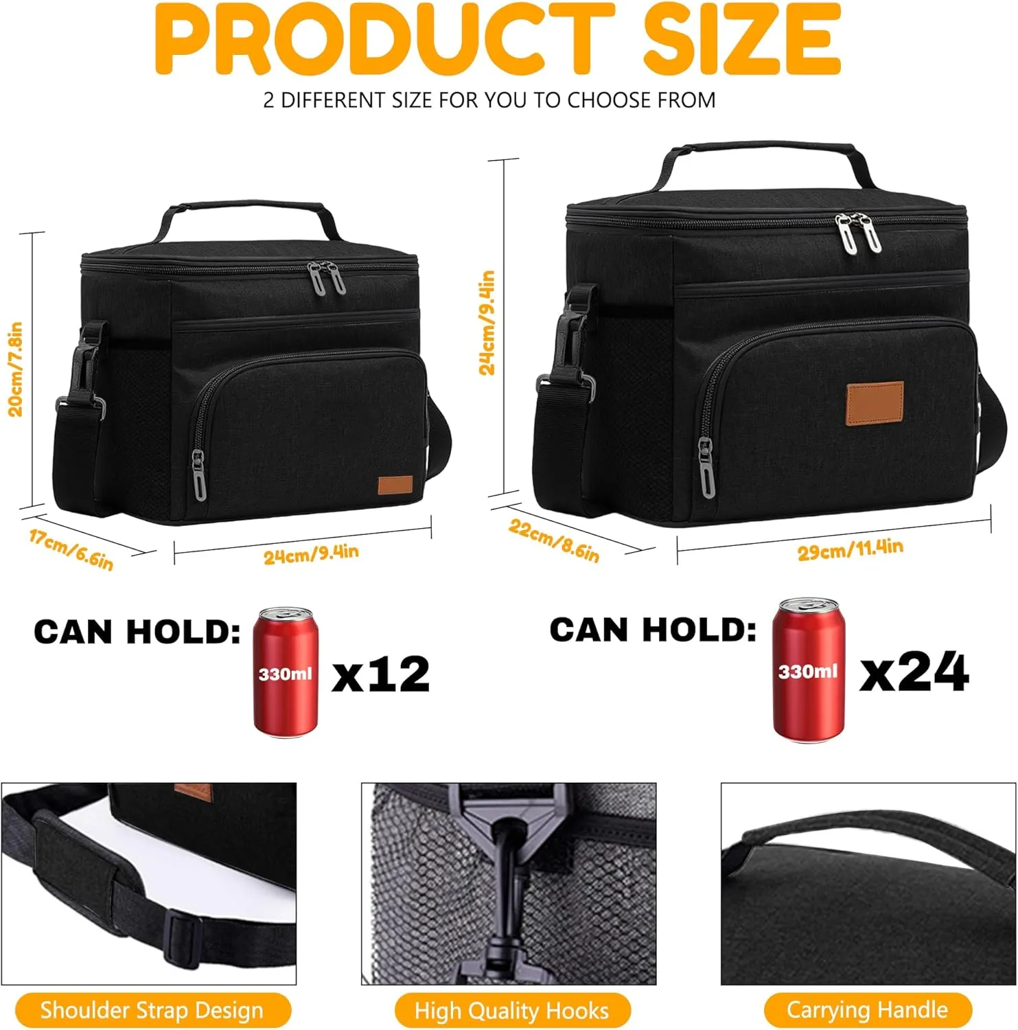 Insulated Lunch Bag for Women/Men, Leakproof Lunch Cooler Bag with Adjustable Shoulder Strap, 4 Pockets, Ideal for Work, Picnic, Travel, School - Medium, Black, 9.4"x 6.6"x 7.8", 8.2L