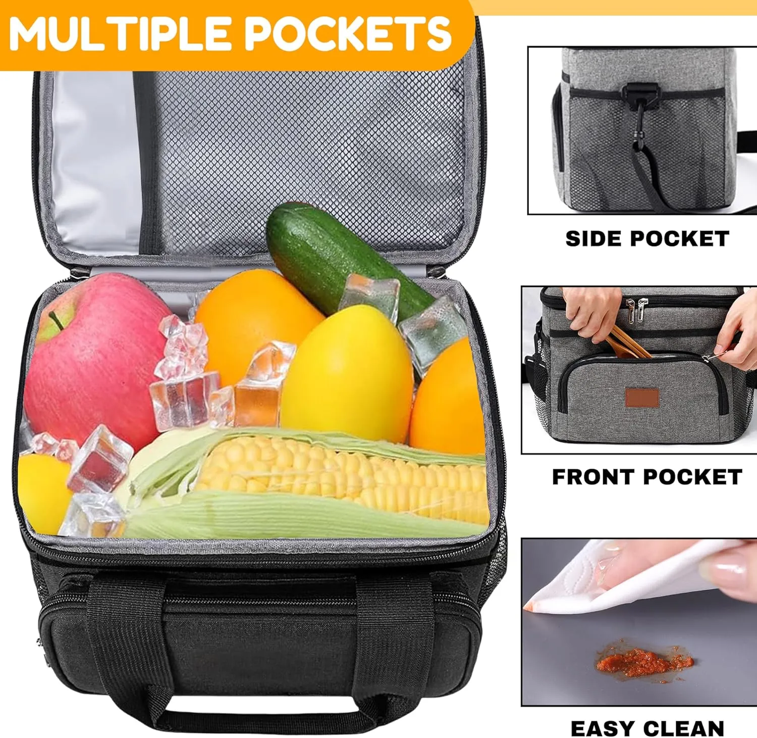 Insulated Lunch Bag for Women/Men, Leakproof Lunch Cooler Bag with Adjustable Shoulder Strap, 4 Pockets, Ideal for Work, Picnic, Travel, School - Medium, Black, 9.4"x 6.6"x 7.8", 8.2L