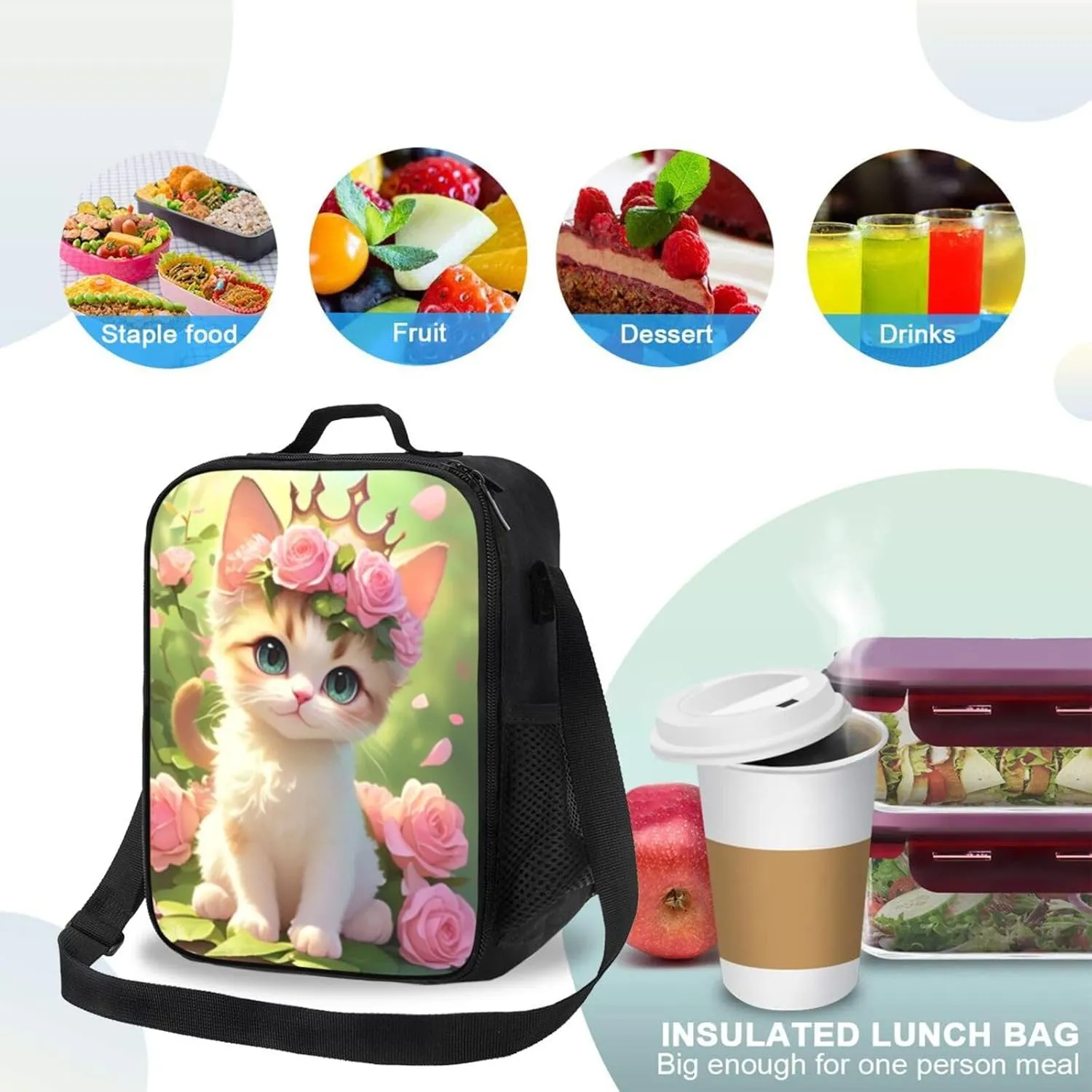 Insulated Lunch Bag, Reusable Portable Lunch Box With Shoulder Strap, Cat Lunch Bag, Funny Cute Bento Lunchbox Cooler Thermal Meal Tote Kit