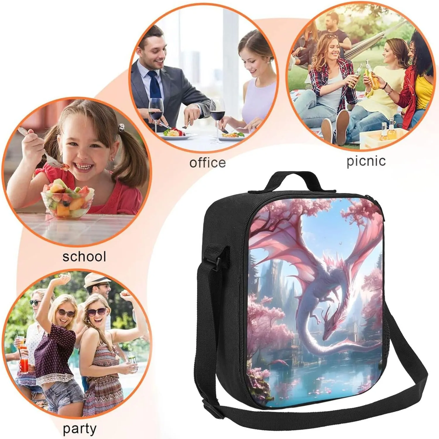 Insulated Lunch Bag, Reusable Portable Lunch Box With Shoulder Strap, Dragon Lunch Bag, Funny Cute Bento Lunchbox Cooler Thermal Meal Tote Kit