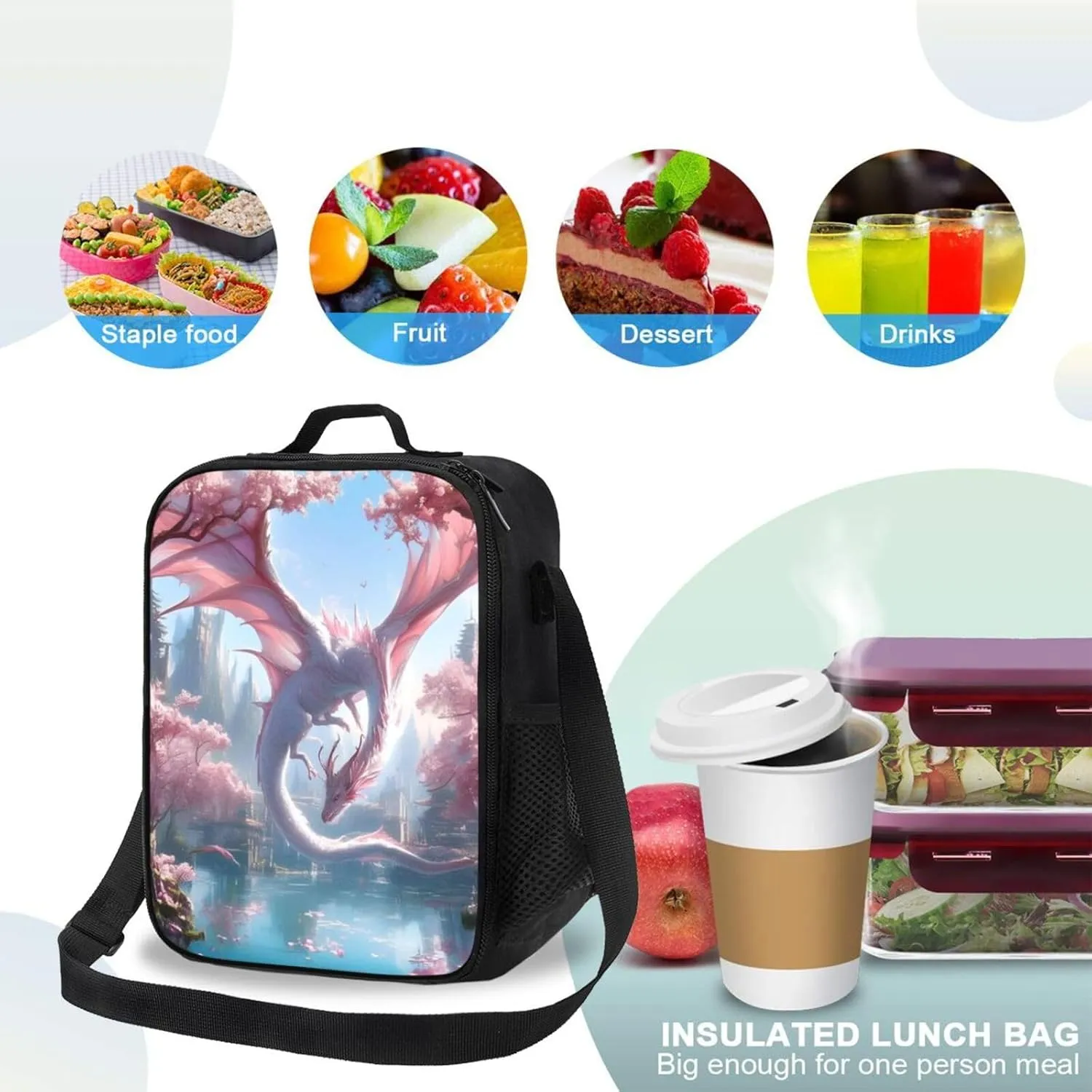Insulated Lunch Bag, Reusable Portable Lunch Box With Shoulder Strap, Dragon Lunch Bag, Funny Cute Bento Lunchbox Cooler Thermal Meal Tote Kit