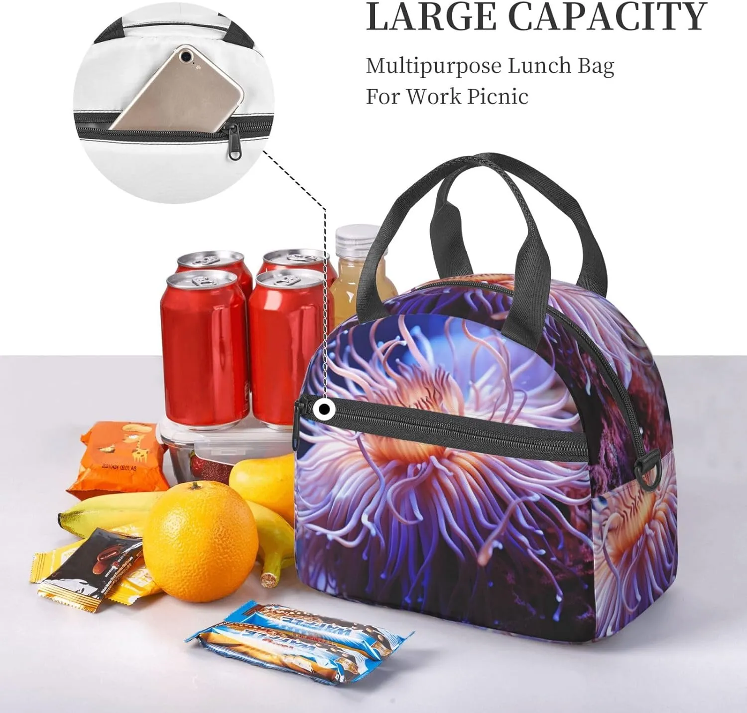 Insulated Lunch Bag Sea Anemone Lunch Box for Women Men Reusable Leakproof Cooler Bag for Office Travel Picnic