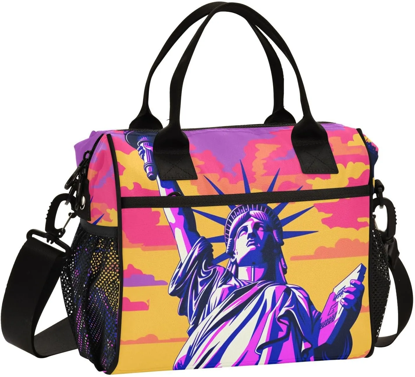 Insulated Lunch Bag Statue Liberty American Print for Women Men Spacious Interior Leakproof Thermal Lunch Box Cooler Bag for Office, Outdoor, Travel Medium