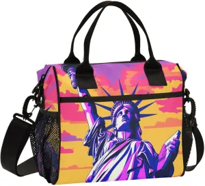 Insulated Lunch Bag Statue Liberty American Print for Women Men Spacious Interior Leakproof Thermal Lunch Box Cooler Bag for Office, Outdoor, Travel Medium