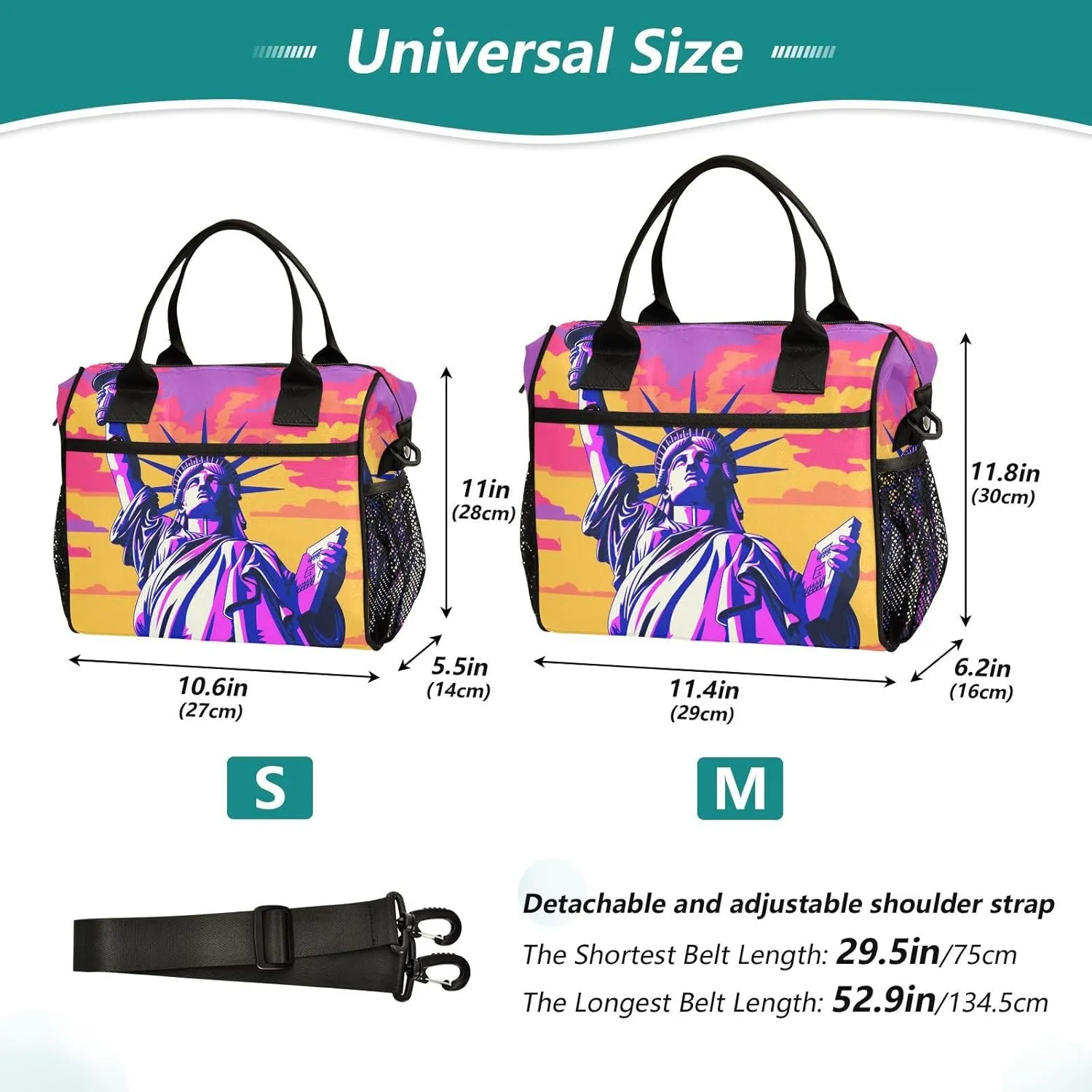 Insulated Lunch Bag Statue Liberty American Print for Women Men Spacious Interior Leakproof Thermal Lunch Box Cooler Bag for Office, Outdoor, Travel Medium