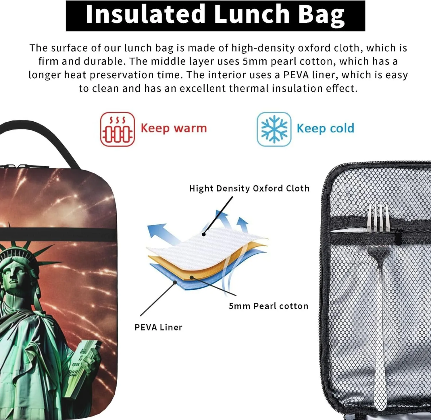 Insulated Lunch Bag Statue Liberty Flag Fireworks Lunch Box Lunch Bag for Women Lunch Tote Bags Reusable Lunchbox