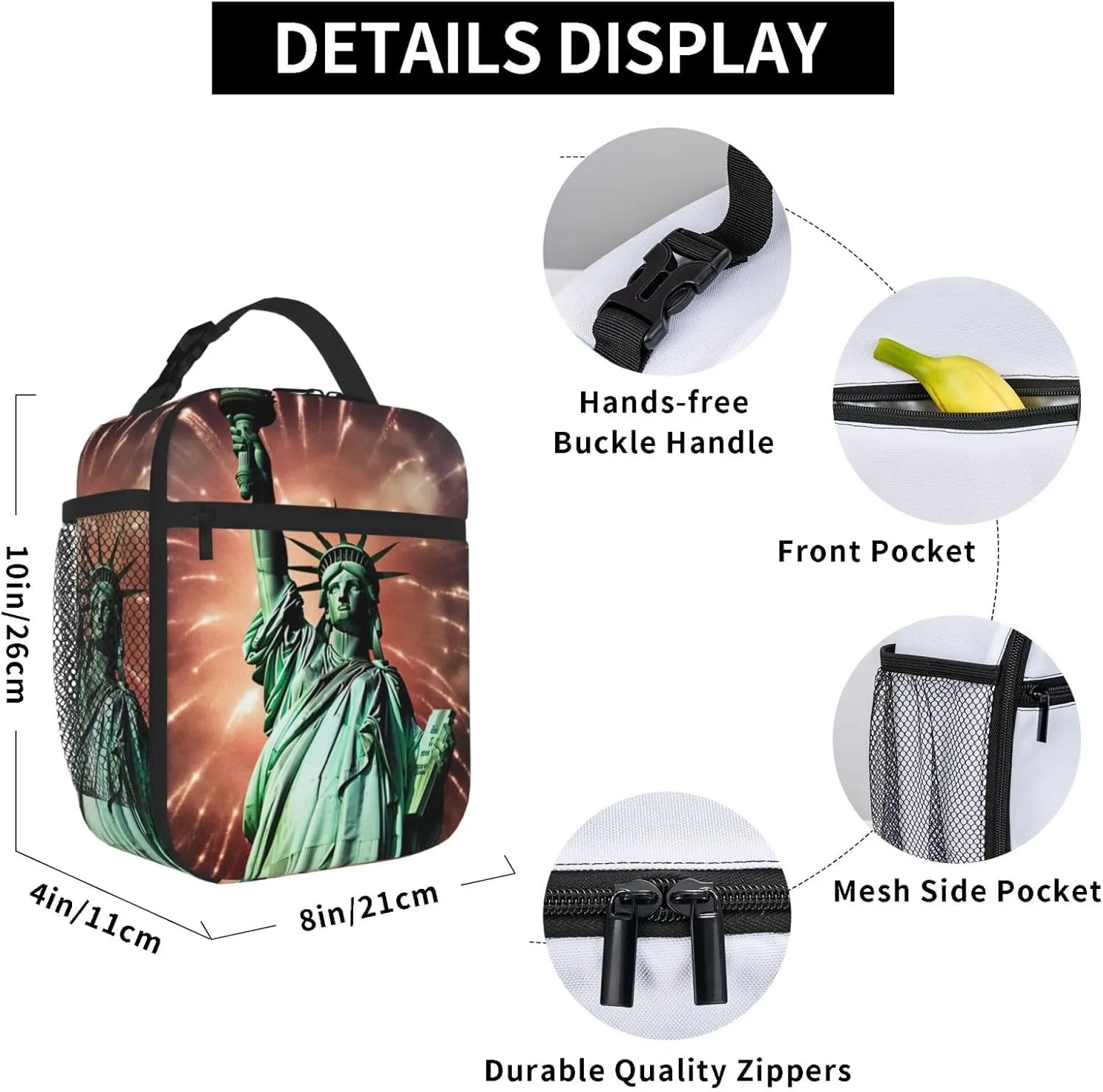 Insulated Lunch Bag Statue Liberty Flag Fireworks Lunch Box Lunch Bag for Women Lunch Tote Bags Reusable Lunchbox