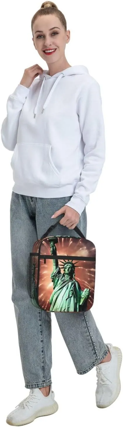Insulated Lunch Bag Statue Liberty Flag Fireworks Lunch Box Lunch Bag for Women Lunch Tote Bags Reusable Lunchbox