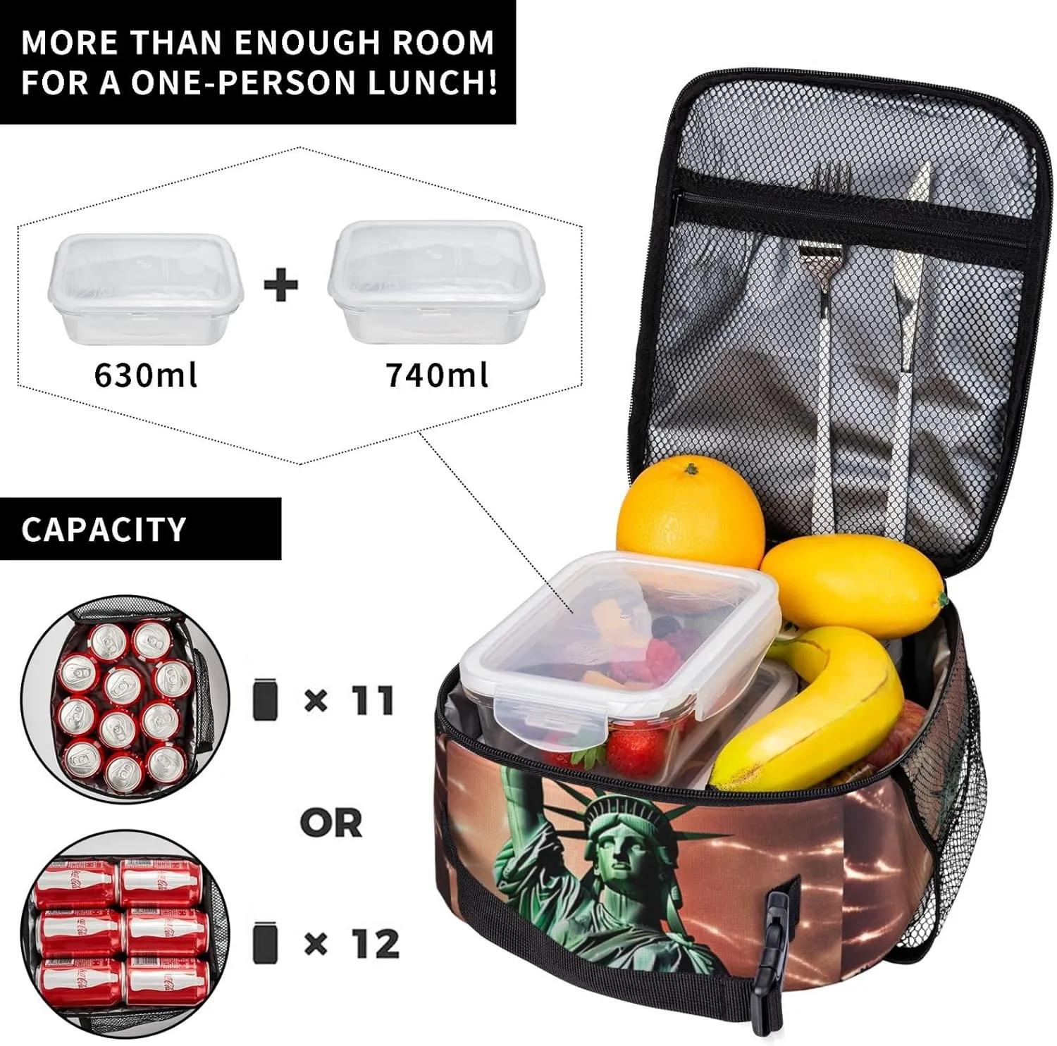 Insulated Lunch Bag Statue Liberty Flag Fireworks Lunch Box Lunch Bag for Women Lunch Tote Bags Reusable Lunchbox