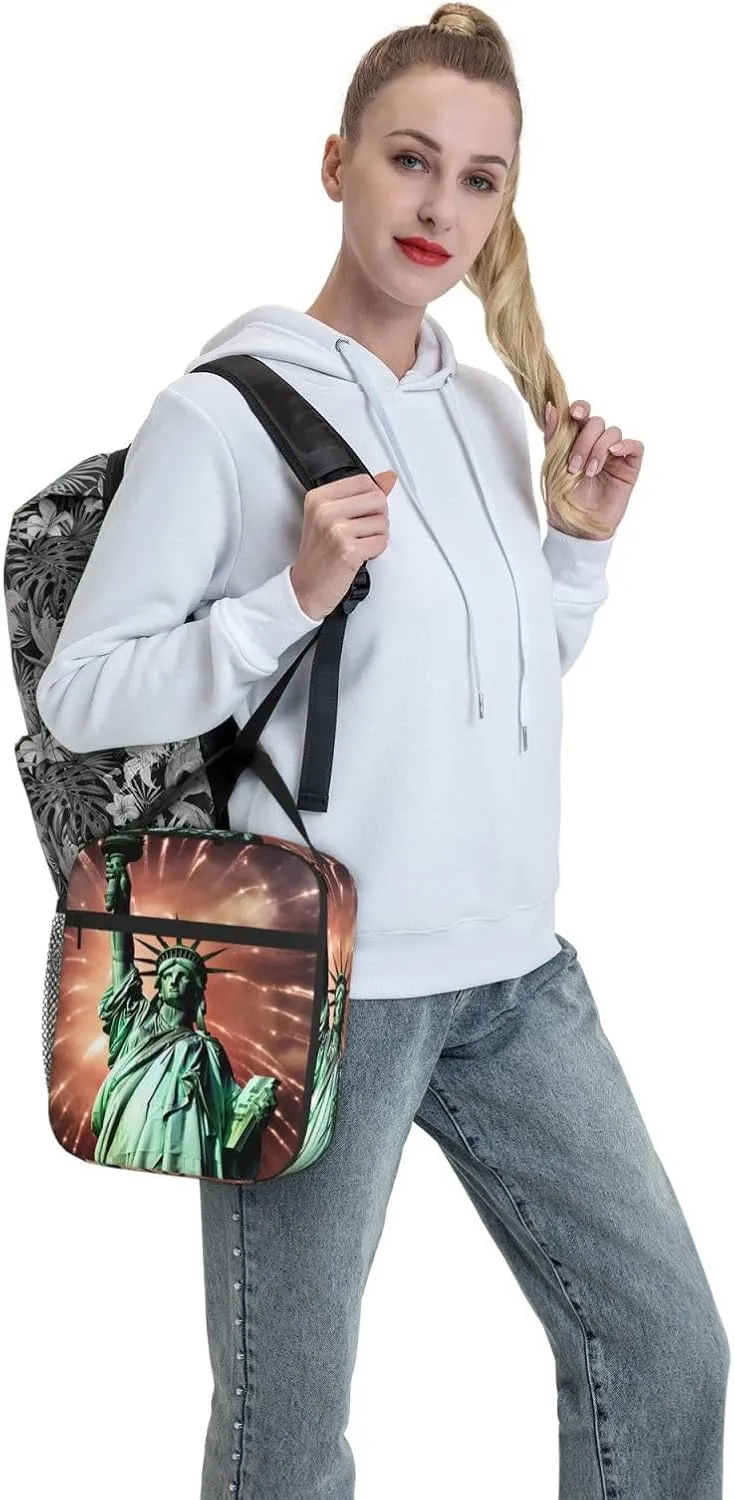 Insulated Lunch Bag Statue Liberty Flag Fireworks Lunch Box Lunch Bag for Women Lunch Tote Bags Reusable Lunchbox