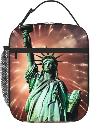 Insulated Lunch Bag Statue Liberty Flag Fireworks Lunch Box Lunch Bag for Women Lunch Tote Bags Reusable Lunchbox