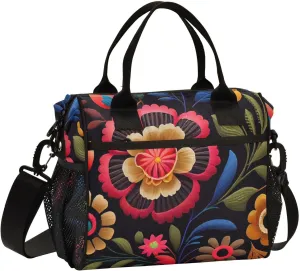 Insulated Lunch Bag with Multiple Compartments, Mexican Floral Pattern Print Insulated Reusable Leak-proof Lunch Box Cooler Bag with Detachable Shoulder Strap Thermal Aluminum Lining