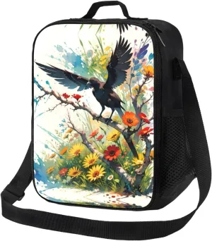 Insulated Lunch Bag with Shoulder Strap, Reusable Lunch Box with Handle, Leakproof Thermal Meal Cooler Travel Tote Shoulder Bag Handbags for Office Work Picnic, Crow Sunflowers Branch