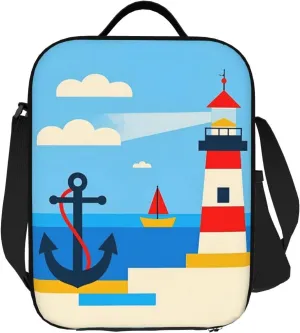 Insulated Lunch Bag with Shoulder Strap, Reusable Lunch Box with Handle, Leakproof Thermal Meal Cooler Travel Tote Shoulder Bag Handbags for Office Work Picnic, Ocean Lighthouse Anchor Boat
