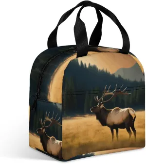 Insulated Lunch Bag,Elk in The Meadow Print Lunch Tote Bag,leakproof Thermal Cooler Sack Food Handbags