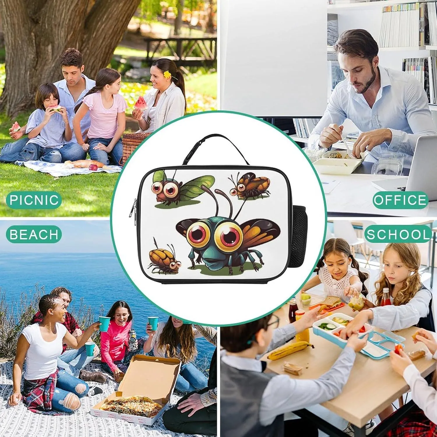 Insulated Lunch Bags for Women Cartoon Insect Reusable Lunch Boxes Waterproof Shoulder Bag Lunch Cooler Bag for Work
