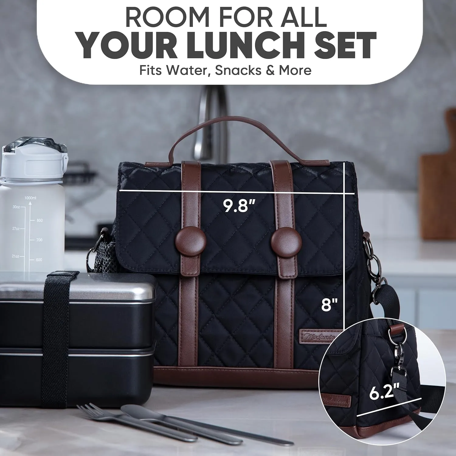 Insulated Lunch Bags for Women, Men, Adults| Lunch Box For Work, College, Office,Picnic| Modern |Trendy |Stylish|Premium (Alpha-Black/Brown-Nylon/Vegan leather- Crossbody/Shoulder carry)