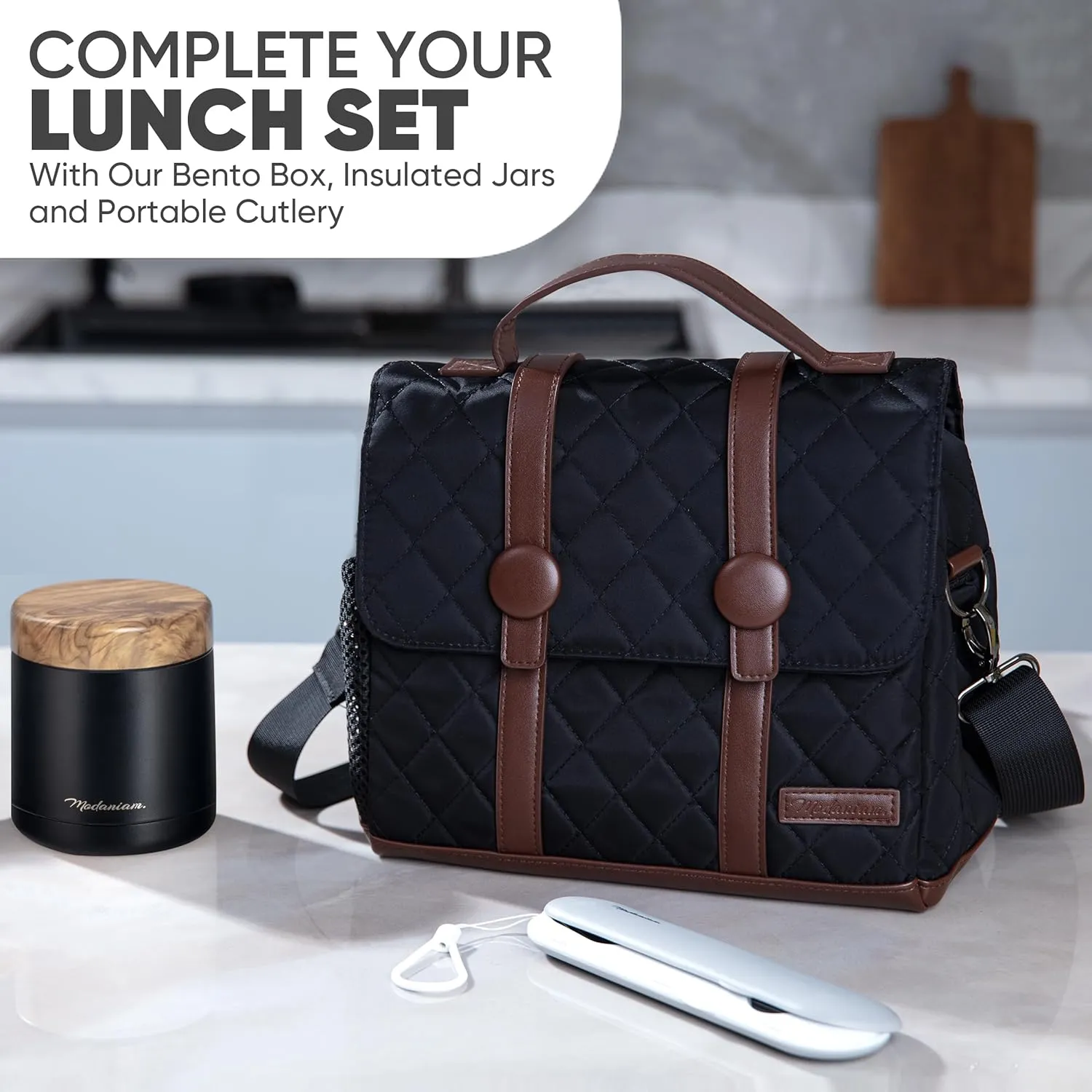 Insulated Lunch Bags for Women, Men, Adults| Lunch Box For Work, College, Office,Picnic| Modern |Trendy |Stylish|Premium (Alpha-Black/Brown-Nylon/Vegan leather- Crossbody/Shoulder carry)