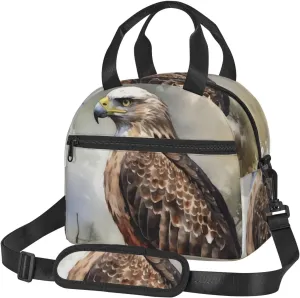 Insulated Lunch Bags for Women Men Reusable Lunch Box with Adjustable Shoulder Strap Watercolor of Hawk Sitting in The Tree Cooler Bag Large Lunch Tote Bag Leakproof Lunchbox for Office Travel