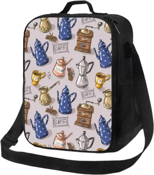 Insulated Lunch Bags for Women Men Work - Vintage Teapot Coffee Grinder Small Lunch Box for Women Men, Soft Cooler Bag Insulated, Adult Lunch Tote Bag with Adjustable Shoulder Strap
