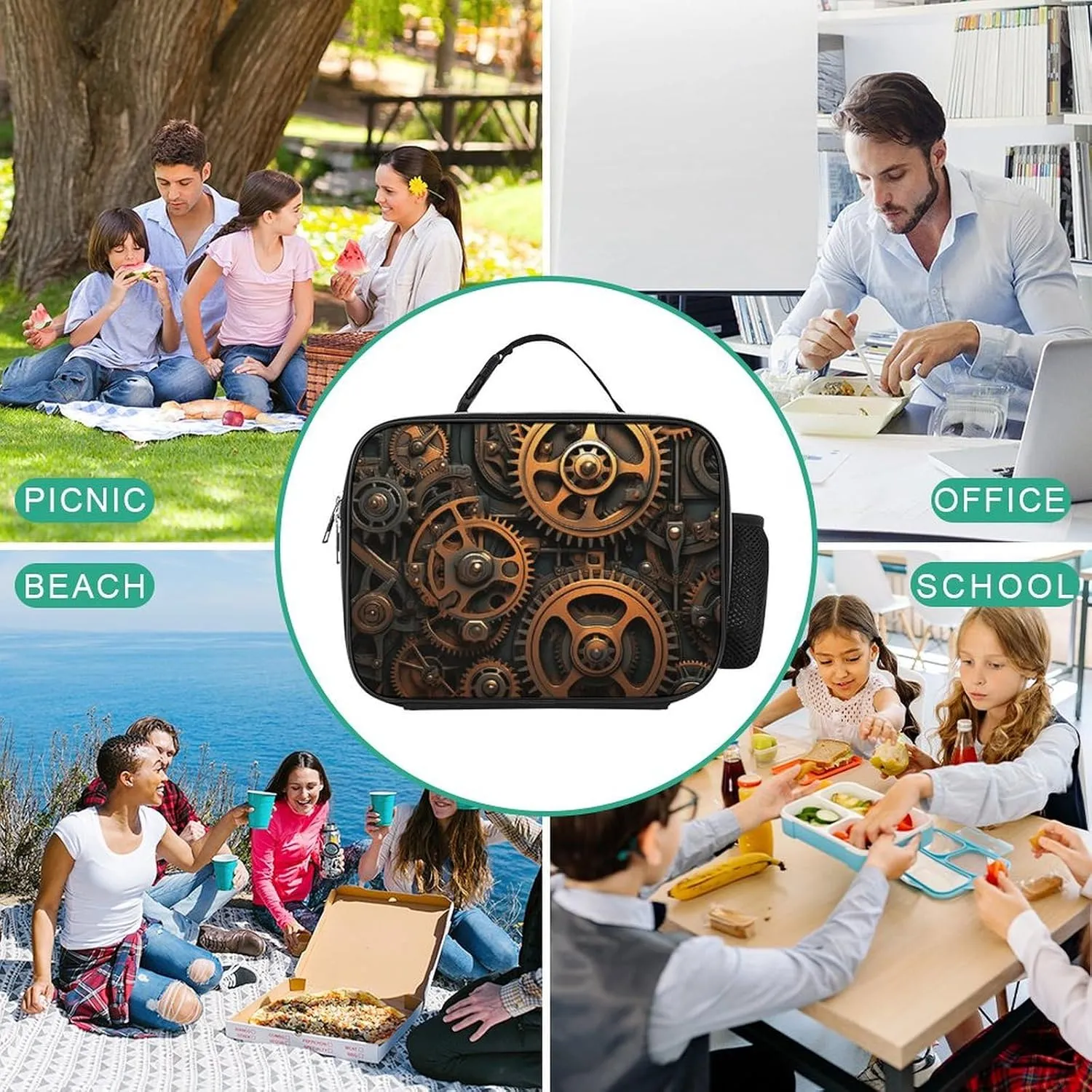 Insulated Lunch Bags for Women Orange Steam Gear Reusable Lunch Boxes Waterproof Shoulder Bag Lunch Cooler Bag for Work