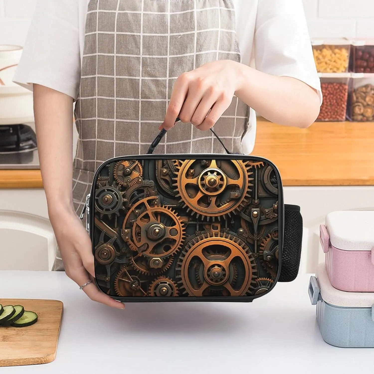 Insulated Lunch Bags for Women Orange Steam Gear Reusable Lunch Boxes Waterproof Shoulder Bag Lunch Cooler Bag for Work