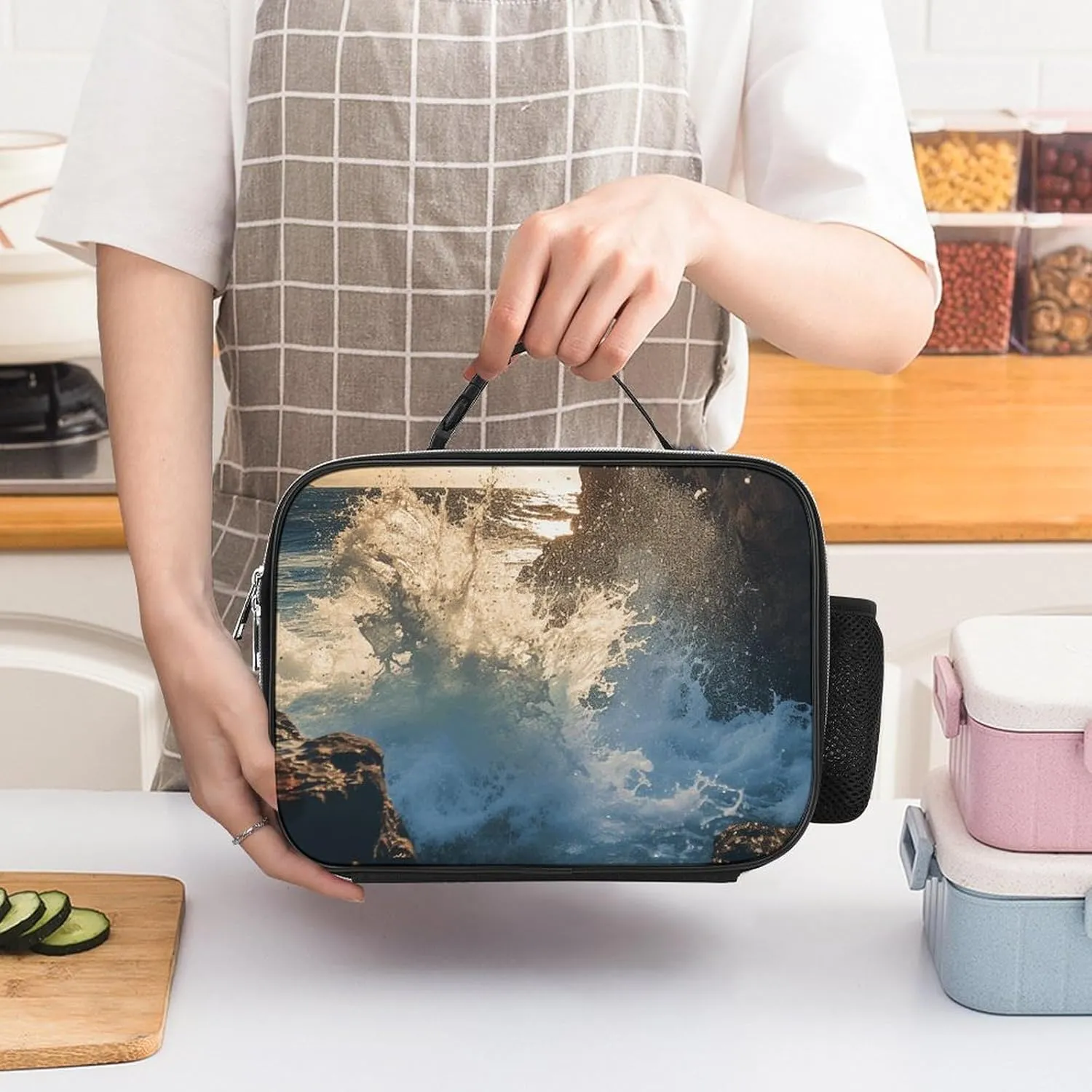 Insulated Lunch Bags for Women Rocky Coastline Reusable Lunch Boxes Waterproof Shoulder Bag Lunch Cooler Bag for Work