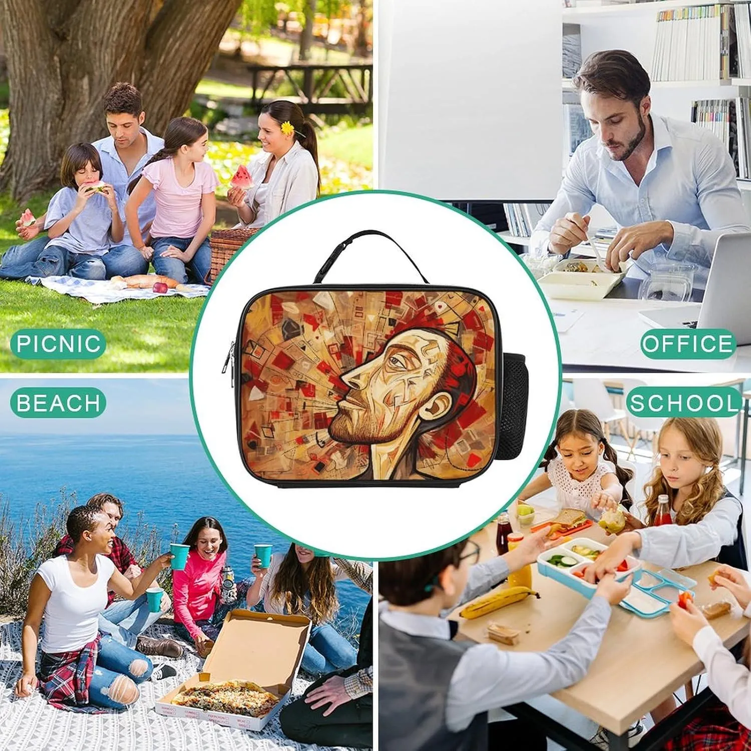 Insulated Lunch Bags for Women Texture Complex Heart Reusable Lunch Boxes Waterproof Shoulder Bag Lunch Cooler Bag for Work