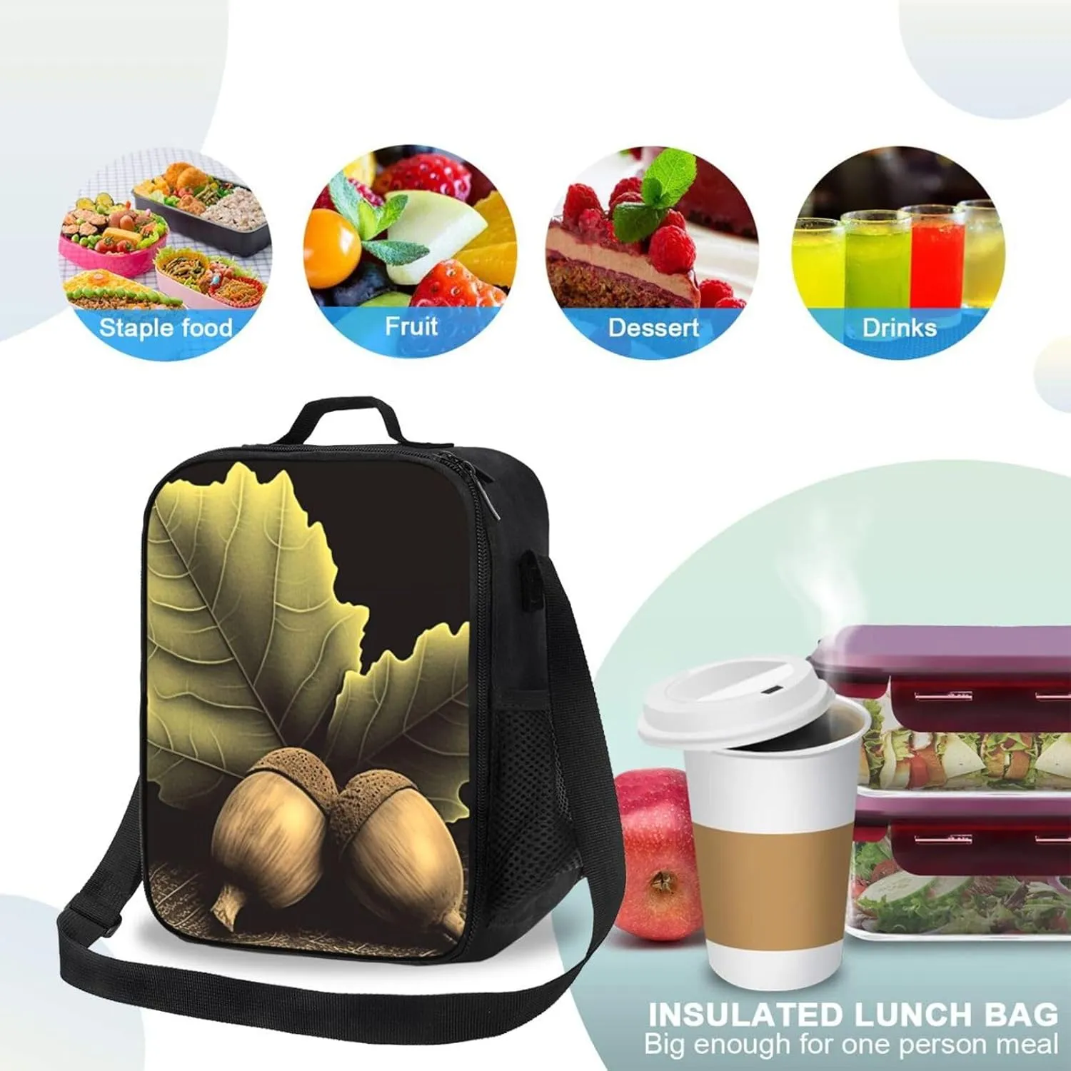 Insulated Lunch Bags for Women Two acorns Reusable Lunch Boxes Waterproof Shoulder Bag Lunch Cooler Bag for Work
