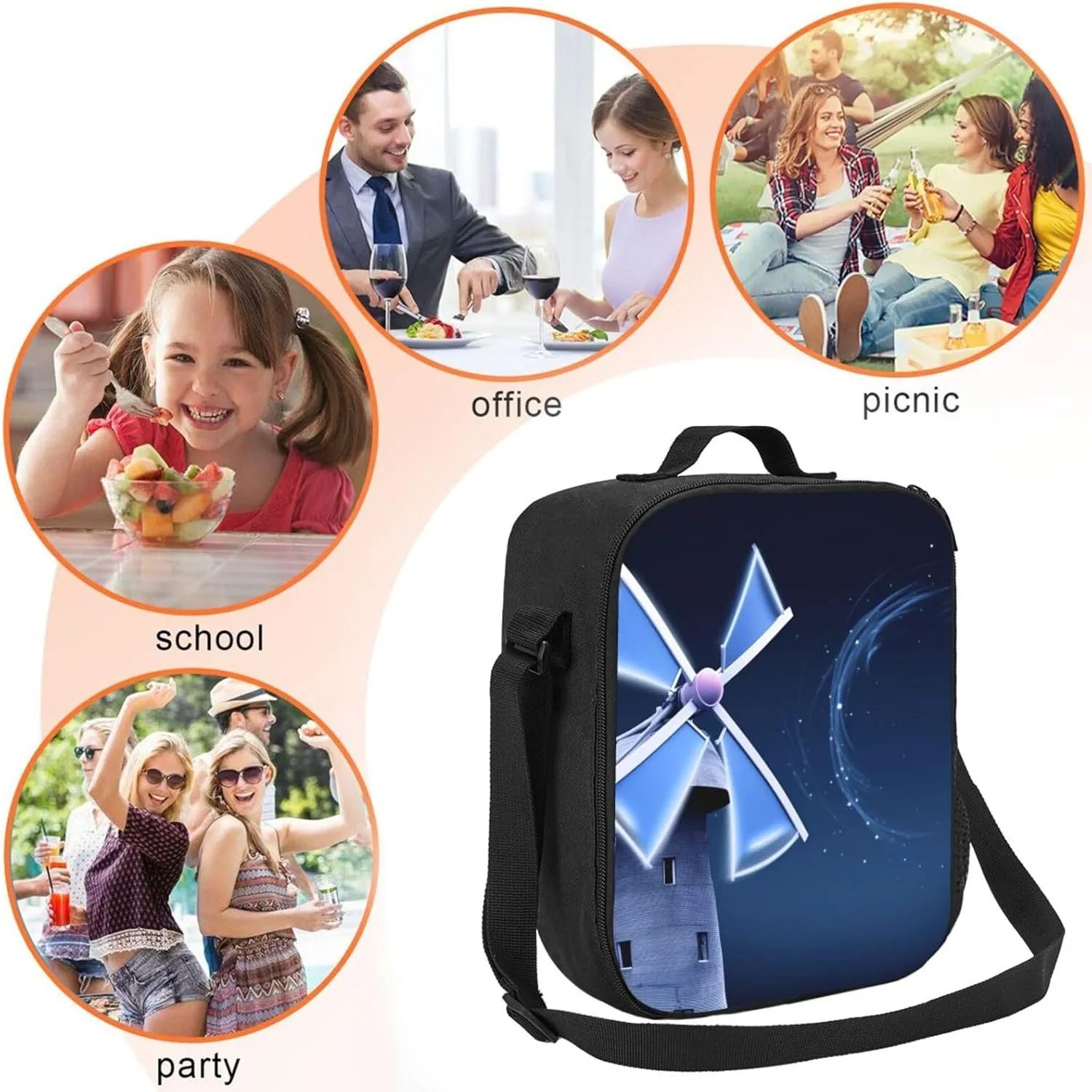 Insulated Lunch Bags for Women Windmill Blue Reusable Lunch Boxes Waterproof Shoulder Bag Lunch Cooler Bag for Work