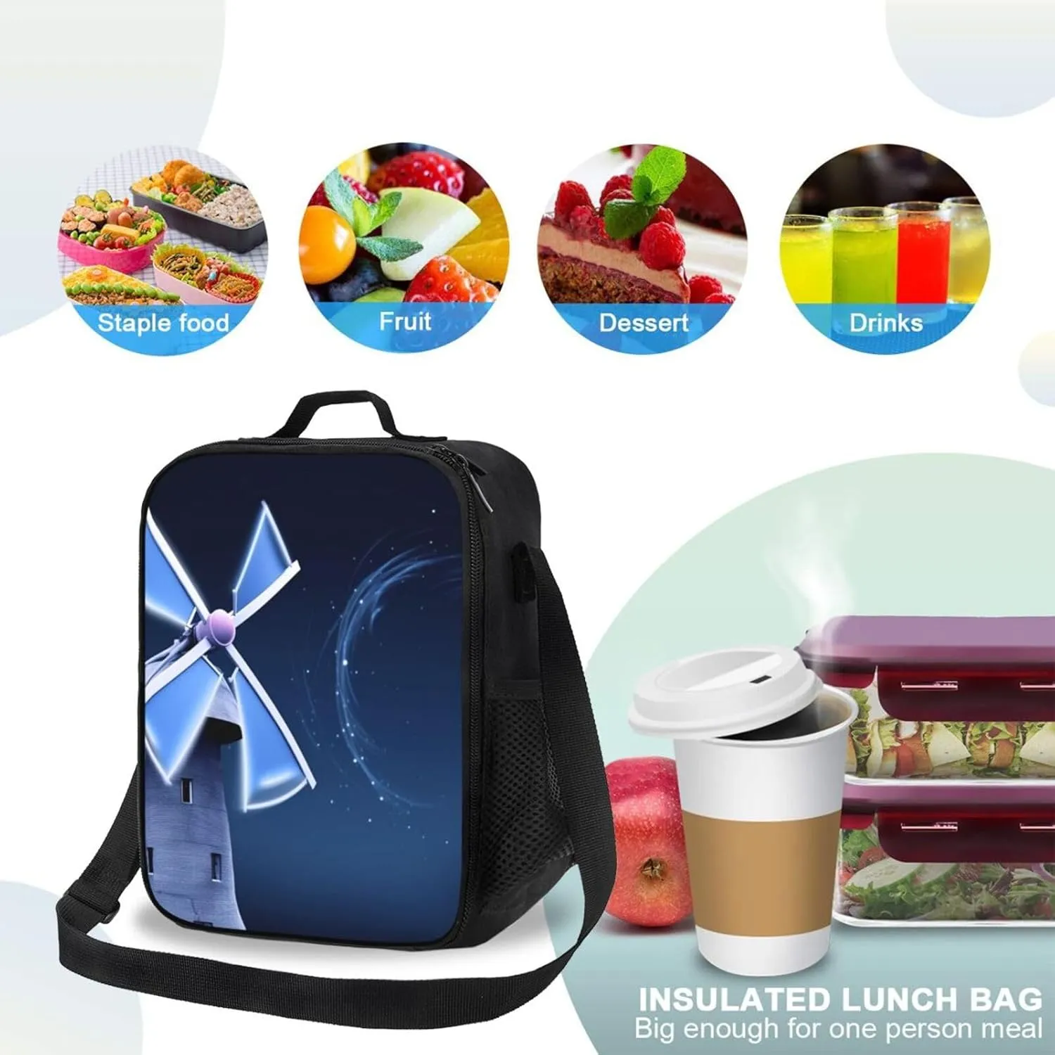 Insulated Lunch Bags for Women Windmill Blue Reusable Lunch Boxes Waterproof Shoulder Bag Lunch Cooler Bag for Work