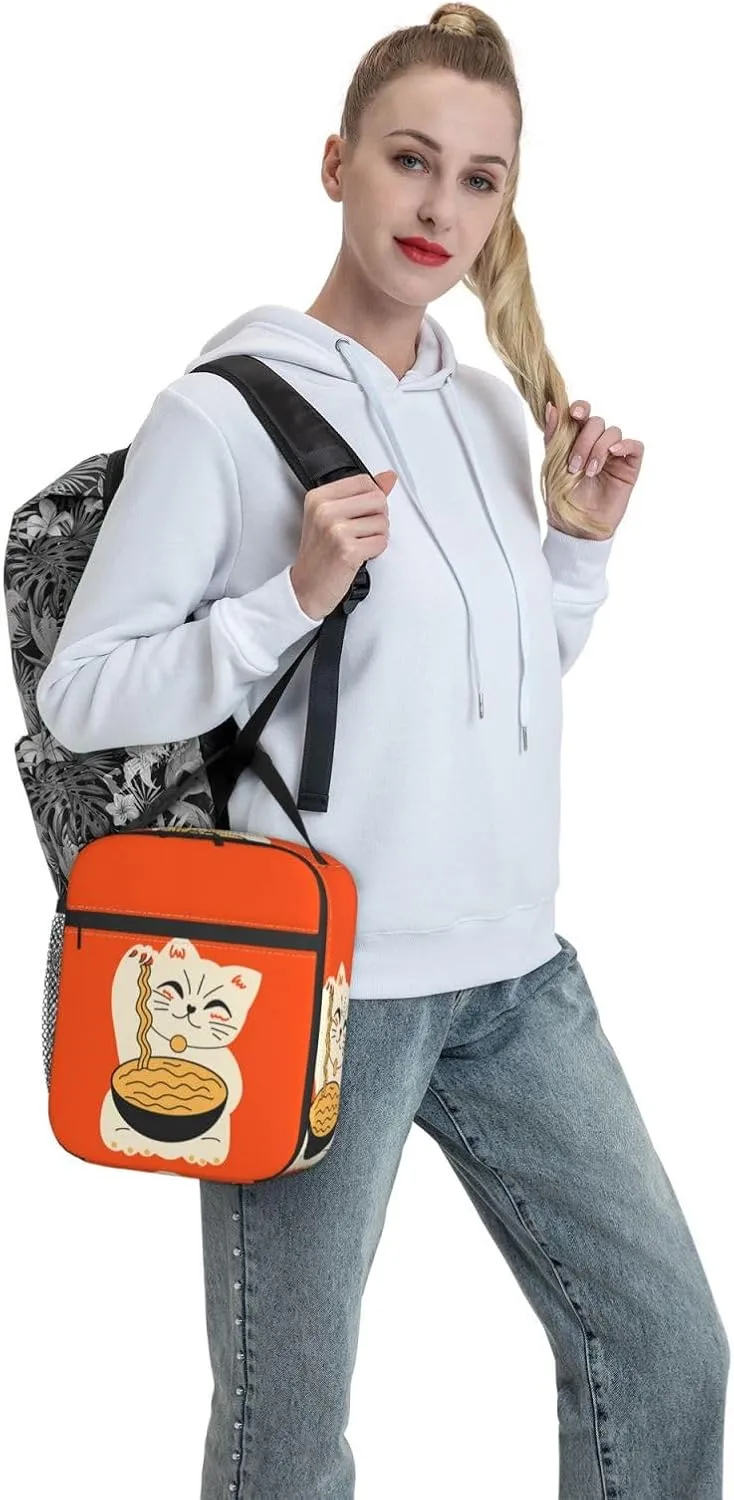 Insulated Lunch Box for Kids Adults Ramen Lunch Box for Work,Picnic,School,Travel,Hiking,Beach or Fishing Polyester Cat Eat Ramen Theme Lunch Bag