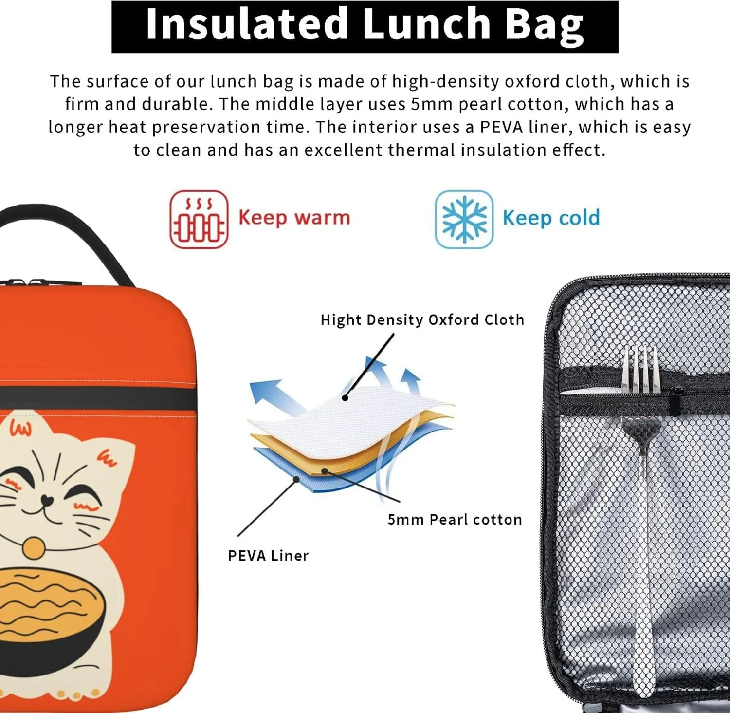 Insulated Lunch Box for Kids Adults Ramen Lunch Box for Work,Picnic,School,Travel,Hiking,Beach or Fishing Polyester Cat Eat Ramen Theme Lunch Bag