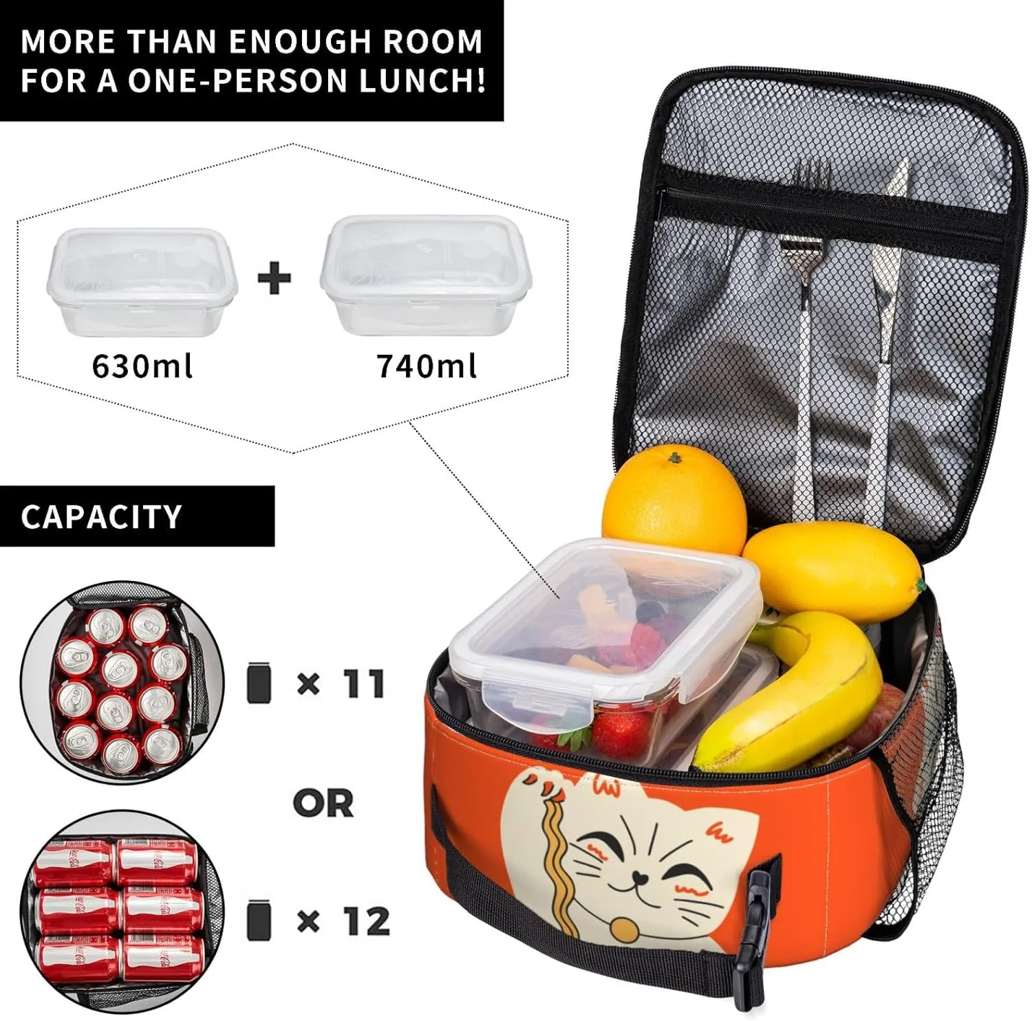 Insulated Lunch Box for Kids Adults Ramen Lunch Box for Work,Picnic,School,Travel,Hiking,Beach or Fishing Polyester Cat Eat Ramen Theme Lunch Bag