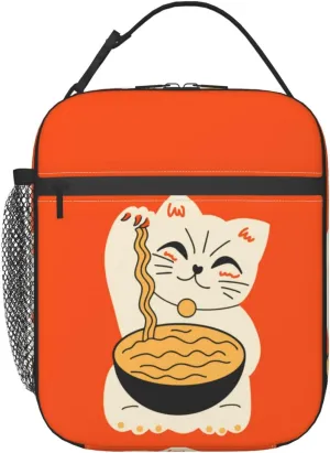 Insulated Lunch Box for Kids Adults Ramen Lunch Box for Work,Picnic,School,Travel,Hiking,Beach or Fishing Polyester Cat Eat Ramen Theme Lunch Bag