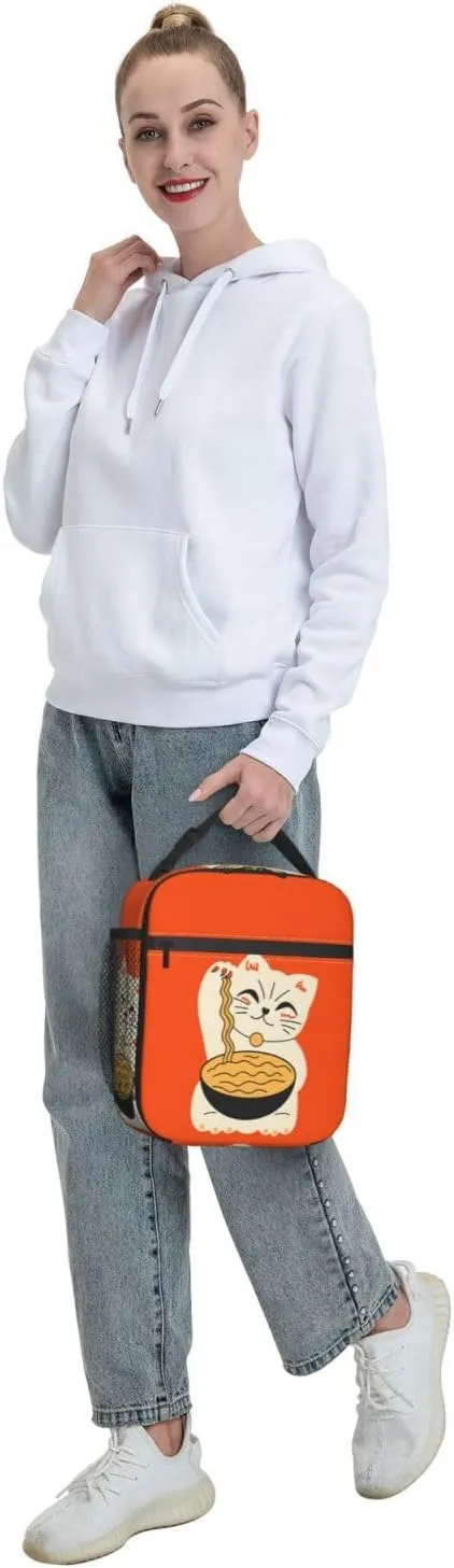 Insulated Lunch Box for Kids Adults Ramen Lunch Box for Work,Picnic,School,Travel,Hiking,Beach or Fishing Polyester Cat Eat Ramen Theme Lunch Bag