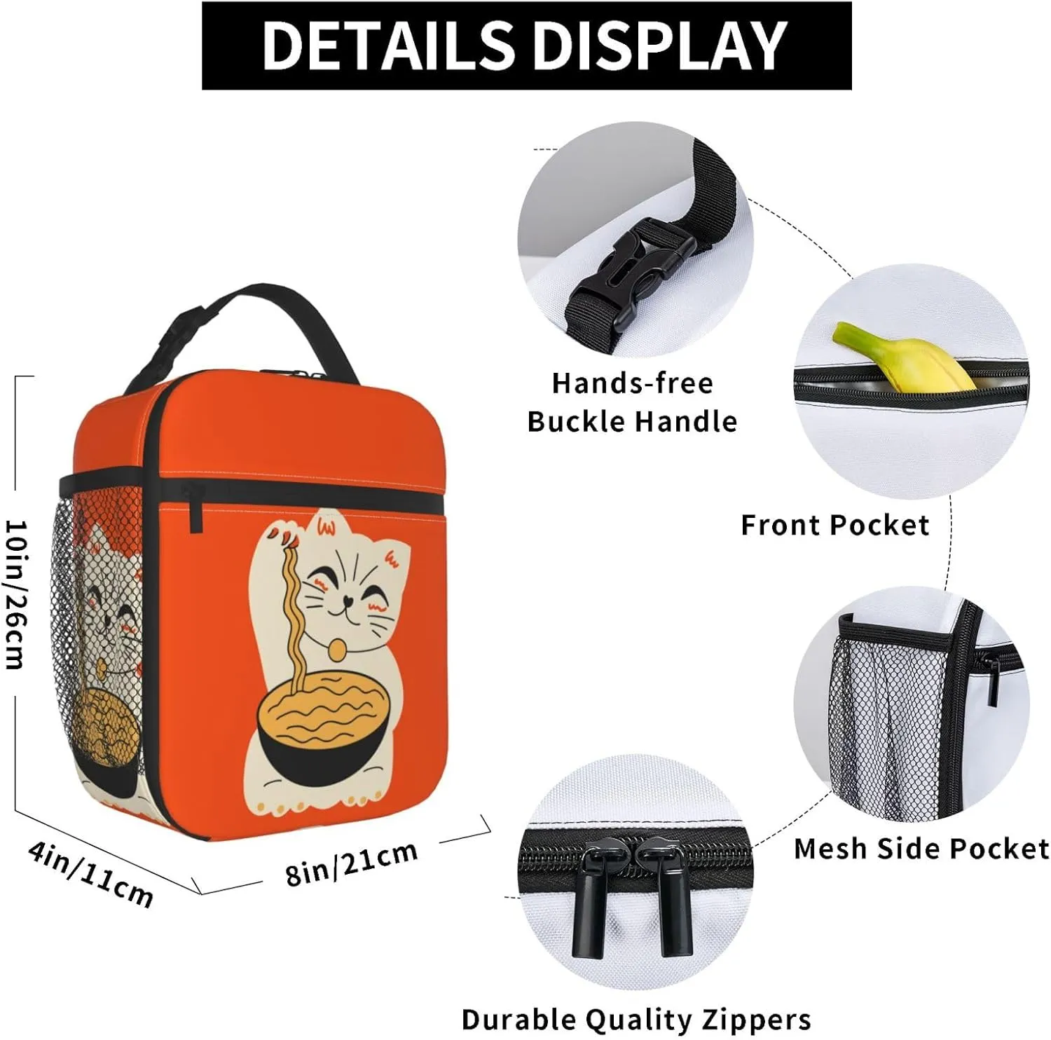 Insulated Lunch Box for Kids Adults Ramen Lunch Box for Work,Picnic,School,Travel,Hiking,Beach or Fishing Polyester Cat Eat Ramen Theme Lunch Bag