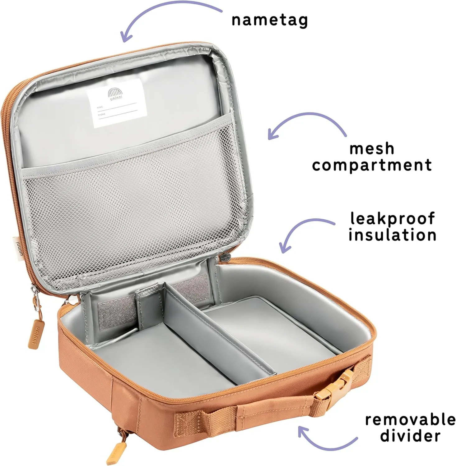 Insulated Lunch box for Kids - Age 3  with Leak-Resistant Storage, Mesh Pocket, Removable Divider for Snacks, Sandwiches and Drinks, BPA-Free Food-Grade lunch bag kids - Brown