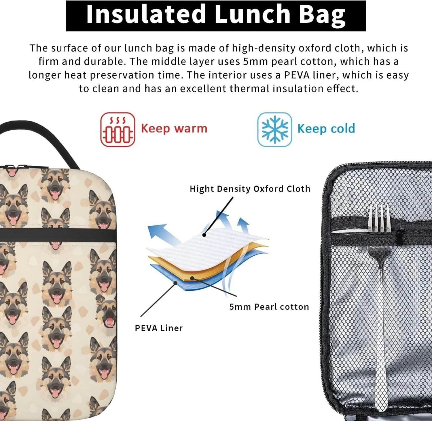 Insulated Lunch Box for Kids Boys Girls, Reusable Lunch Bag for School, Office, Picnic, Work, Travel, German Shepherd Dog Theme Lunch Box