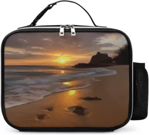 Insulated Lunch Box Tote Bag Sunrise Beach Print Personalized Insulated Lunch Bags Leather Thermal Meal Pack with Detachable Handle